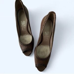 Salvatore Ferragamo Dark Brown Peep Toe Heels